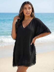 Breezaya 小絨球邊蝙蝠袖罩衫 - 黑色 - 查看 6