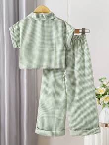 SHEIN Elladie kids 两件套女童格子领休闲衬衫上衣搭配直筒裤套装，适合日常休闲、户外活动和上学穿着。 - 綠色 - 查看 2