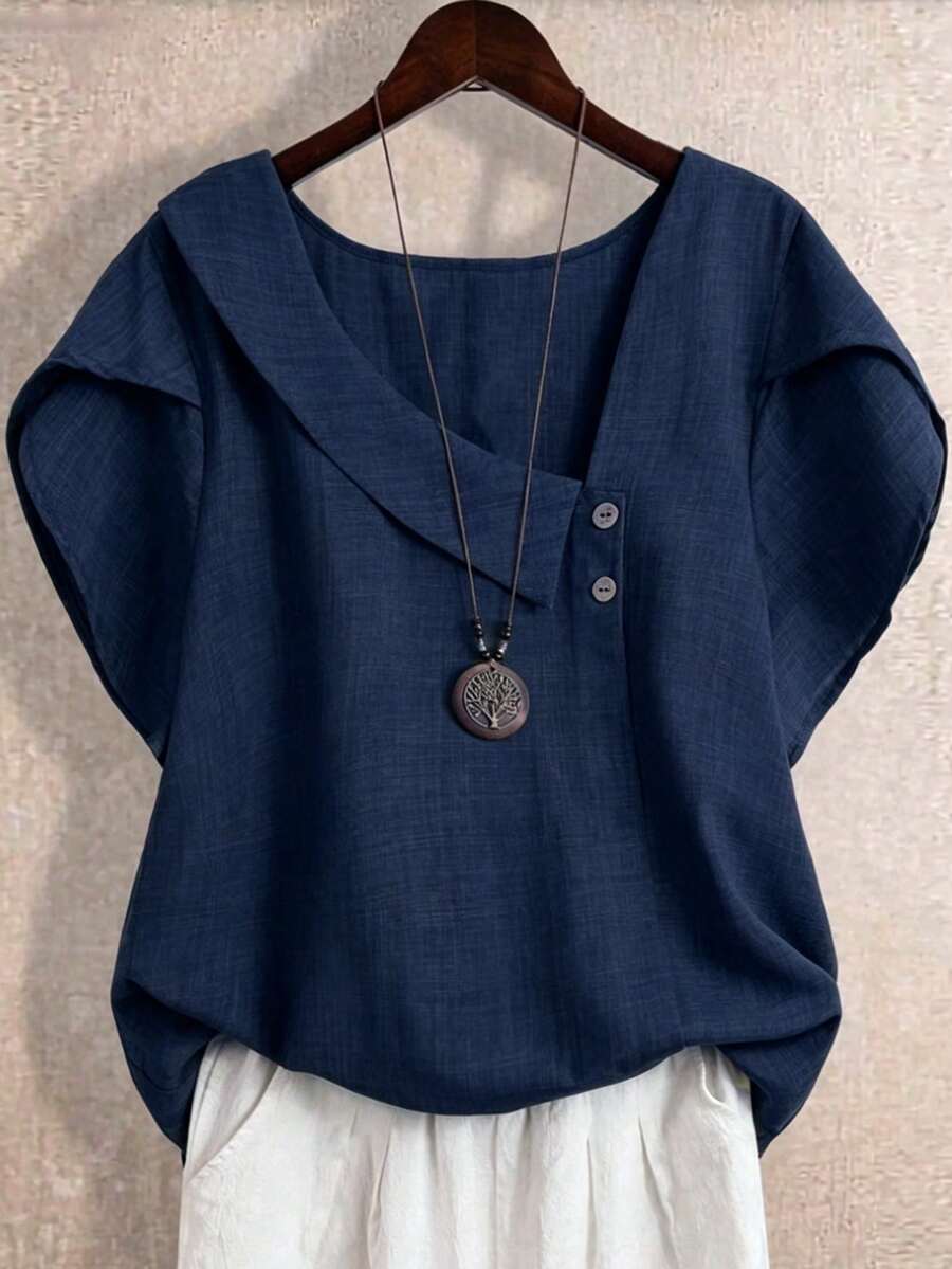 EMERY ROSE Áo kiểu nữ thời trang mới, cổ xéo, tay ngắn, cài cúc, kiểu dáng thường ngày. - Màu xanh hải quân - Xem 1