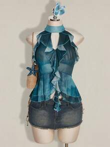 SHEIN ICON 女士扎染拼接荷叶边露背吊带背心 - 藍色 - 查看 9