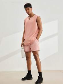 Driftmere Men's Casual Plain Textured Letter Muscle Top For Summer Men Muscle Shirts Men Summer Tops Tank Top For Men Men Sleeveless, 2000s Style - Pink - View 2