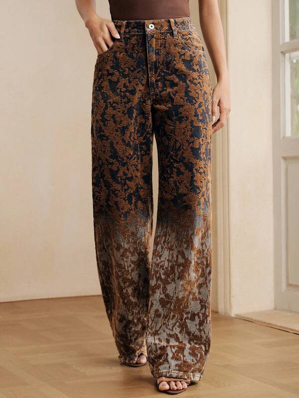 Anewsta Jeans de cintura alta y pierna ancha con diseño de jacquard de terciopelo, jeans rectos de corte holgado y estilizador para mujeres, otoño