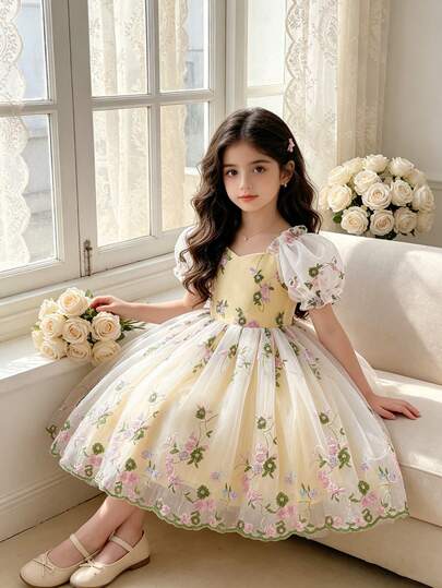 Elladie kids Đầm dự tiệc Giáng sinh/Năm mới hình ông già Noel, đầm công chúa tay phồng bằng vải lưới thêu hoa cho bé gái, phù hợp cho mọi mùa.