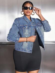 SHEIN SXY Plus Size Casual Everyday Washed Front Button Flap Pocket Denim Jacket - Light Wash - View 6