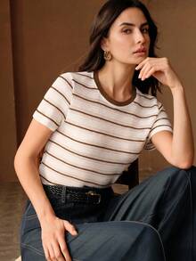 Anewsta Áo thun nữ thời trang chất lượng cao, size tiêu chuẩn, màu đen sọc ngẫu nhiên, phối màu tương phản, thiết kế tối giản, tay ngắn, dáng ôm. - Cà phê nâu - Xem 1