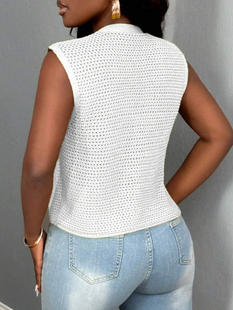 BamGleam New Green Metal Large Button V-Neck Sweater Vest, Hollow Out Cardigan, Casual Sexy Minimalist Sweater Vest For Autumn, Winter And Spring - White - View 2