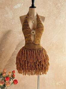 SHEIN WYWH Vestido de suéter ajustado con escote en V, cuello halter y espalda descubierta, estilo bohemio, para vacaciones, otoño/invierno - Multicolor - Ver 5