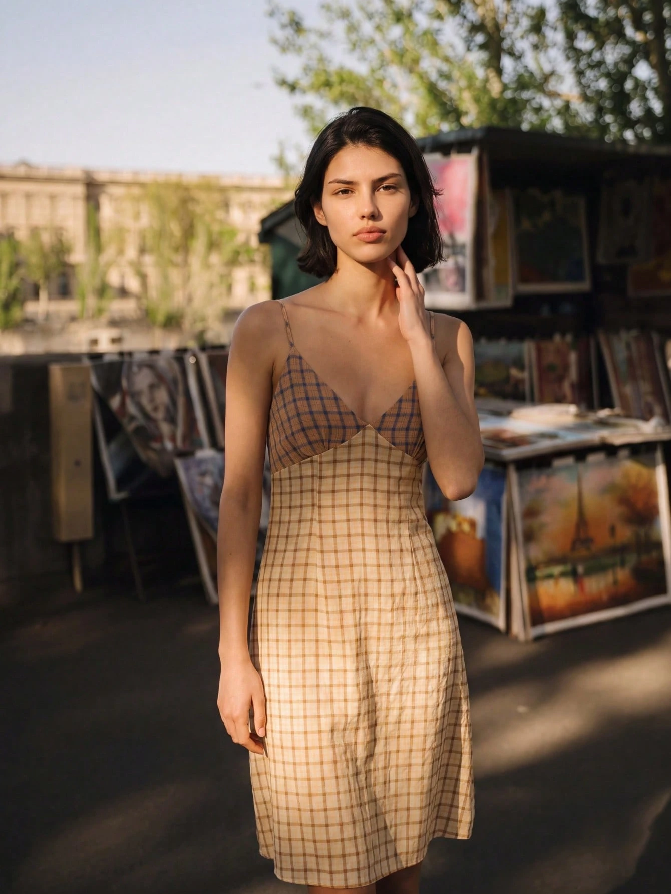 Patchwork Checkered Summer Dress With Open Back And Spaghetti Straps Chic Vacation Dress Going Out Spring Summer French Style Parisian Style Festival Dress Casual Dress
