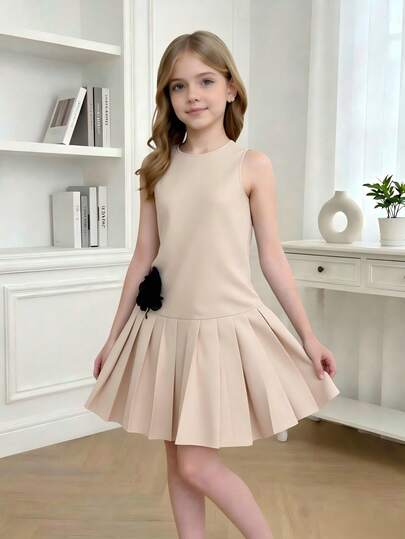 Elladie kids 女童百搭简约舒适清新可爱时尚百搭优雅无袖褶皱连衣裙