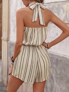 SHEIN Holidaya Bộ áo liền quần cổ yếm kẻ sọc dành cho nữ đi nghỉ mát - Nhiều màu - Xem 2