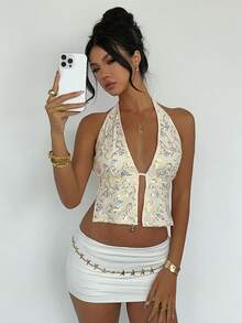 DAZY Áo vest mùa hè gợi cảm, hở lưng, cổ yếm, đính sequin dành cho nữ - trắng - Xem 1
