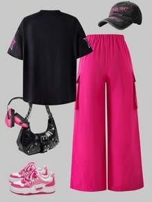 SHEIN Set 2 buc. Tricou casual cu imprimeu numeric, stil stradal + pantaloni cargo, croială confortabilă pentru mișcare ușoară, elemente stradale la modă, potrivit pentru școală, naveta, ieșiri în weekend, purtare zilnică primăvara - Roz fierbinte - Vizualizare 2