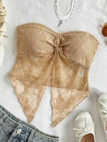 Soleia Top de moda de tejido de encaje texturizado tipo bandeau con nudo delantero y bajo dividido, adecuada para el té de la tarde, la temporada de graduación, todas las estaciones, fiestas, el Día de San Valentín - Caqui - Ver 6