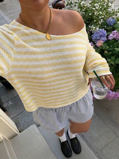 Muchica Plus Size Women Casual Long Sleeve T-Shirt With Asymmetric Collar And Striped PrintCasual, Elegant ,Vacation ,Work,Office Brunch Fairycore Comfortable Concert ,Club , Fashionable For Everyday Wear Fall /Autumn/Winter/Summer ,For Daily ,Commute,Date,Party,Wedding,Beach,Graduation,Chic,Elegant,Casual,Going Out,Date,Appointment,Commute,Shining,Valentine's Day,Casual,Y2k,Country Yellow Stripe Top Casual Summer Outfits For Woman