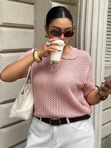 Dazy Plus Plus Size Women Collared Fitted Hollow Shiny Short Sleeve Knit Top, Pink, Spring/Summer - Pink - View 3