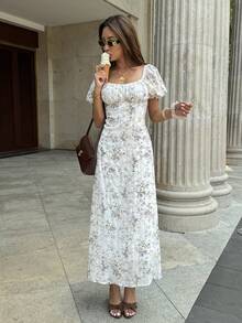 SHEIN PariChic Women's Long Square Neck Petal Sleeve Embroidered Woven Dress - Multicolor - View 1