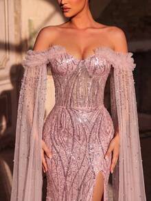 Glamrae Elegant Luxurious Pearl Sequin Mesh Splice Off-Shoulder 3D Rhinestone Handmade Beaded Sheer Extra Long Sleeve Mermaid Side High Slit Tie Formal Dress - Pink - View 5