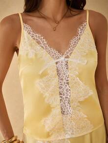 Silquee Women's Spring/Summer Satin & Lace Patchwork Camisole - Yellow - View 3