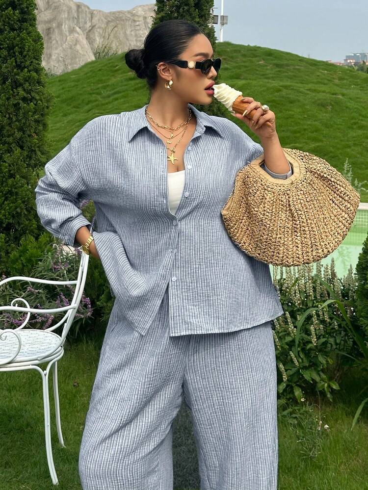 Dazy Plus Striped Tie-Front Backless Blouse & Casual Pants 2 Pieces Set, Plus Size For Commuting & Leisure Lounge Sets For Women