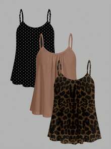 SHEIN EZwear 3pcs/Set Plus Size Casual Leopard & Polka Dot Print Camisole Tops, Suitable For Music Festival Outfits - Multicolor - View 1