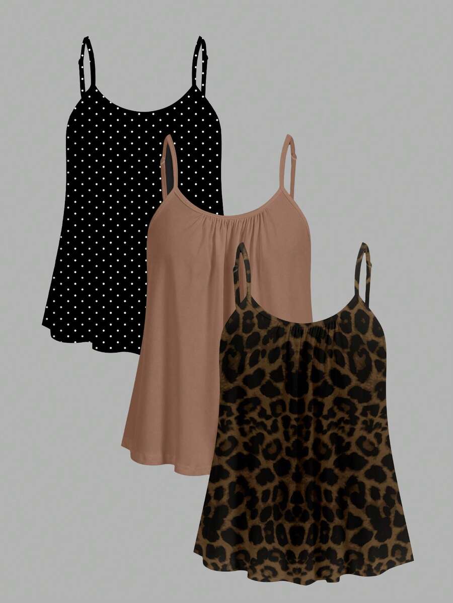 SHEIN EZwear 3pcs/Set Plus Size Casual Leopard & Polka Dot Print Camisole Tops, Suitable For Music Festival Outfits - Multicolor - View 1