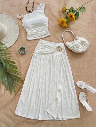 Soleia Conjunto de 2 piezas de top asimétrico de cuello de punto texturizado verde y falda larga de cintura baja, adecuado para vacaciones, playa, citas, festivales de música, estilo bohemio