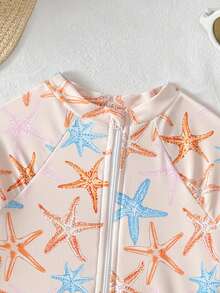 Baby Girls' Pink Bow Print Long Sleeve Ruffled Hem One-Piece Swimsuit - Pink - View 4