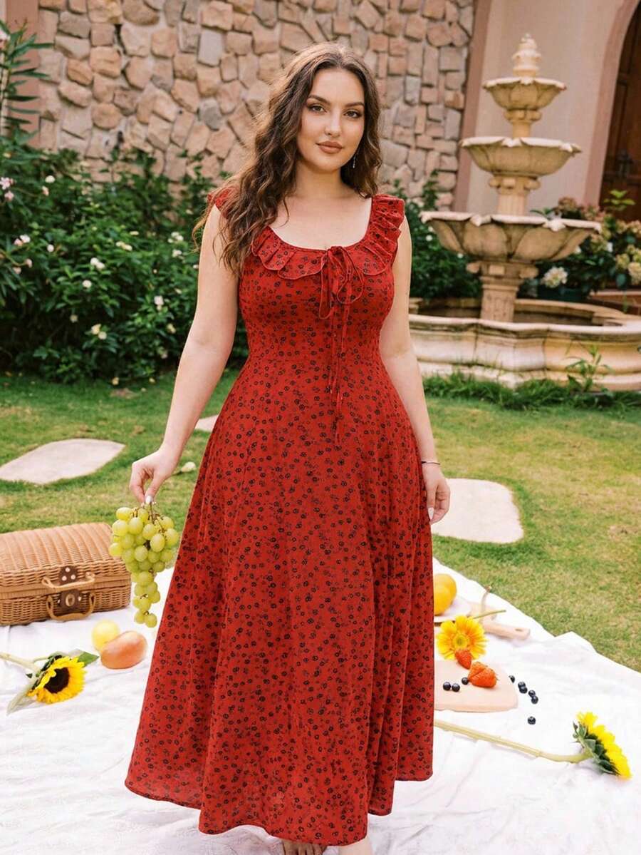 Dazy Plus Plus Size Fashionable Ditsy Floral Tie-Front Frill Collar Stretchy Bodycon Nightgown Summer Pajamas - Red - View 1