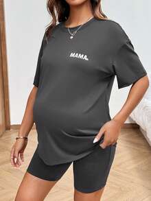 SHEIN 2pcs Maternity Letter Print Casual Short Sleeve T-Shirt And Adjustable Waist Shorts Set Maternity Sets Outfit For Pregnant Women Maija Women Clothing 2piece Outfit For Women Set Casual Pijams Summer Set For Woman - Grey - View 8