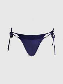 ROMWE Avant 2 pezzi Set da spiaggia di moda da donna, colore unito, top corto senza spalline e pantaloni con lacci laterali, decorazione con perle, elegante per San Valentino, festa in spiaggia, vacanza estiva, bikini sexy con schiena scoperta - Blu Navy - Visualizzare 5