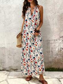 SHEIN LUNE White Floral Summer Boho Sexy Vacation Holiday Sleeveless Metal Buckle Detail Hollow Out Pleated Maxi Dress For Women Beach Golf Outfit Casual Dress - Apricot - View 4