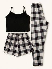 Áo cami in chữ cái + Bộ đồ ngủ và quần dài kẻ sọc in chữ cái (3 món) - Nhiều màu - Xem 2