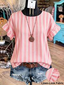 Linhara Women's Summer Striped Round Neck Ruffle Sleeve Retro Casual Blouse, Suitable For Weekend Shopping, Cafe Visits, Commuting To Work, Daily Wear - Pink - View 1