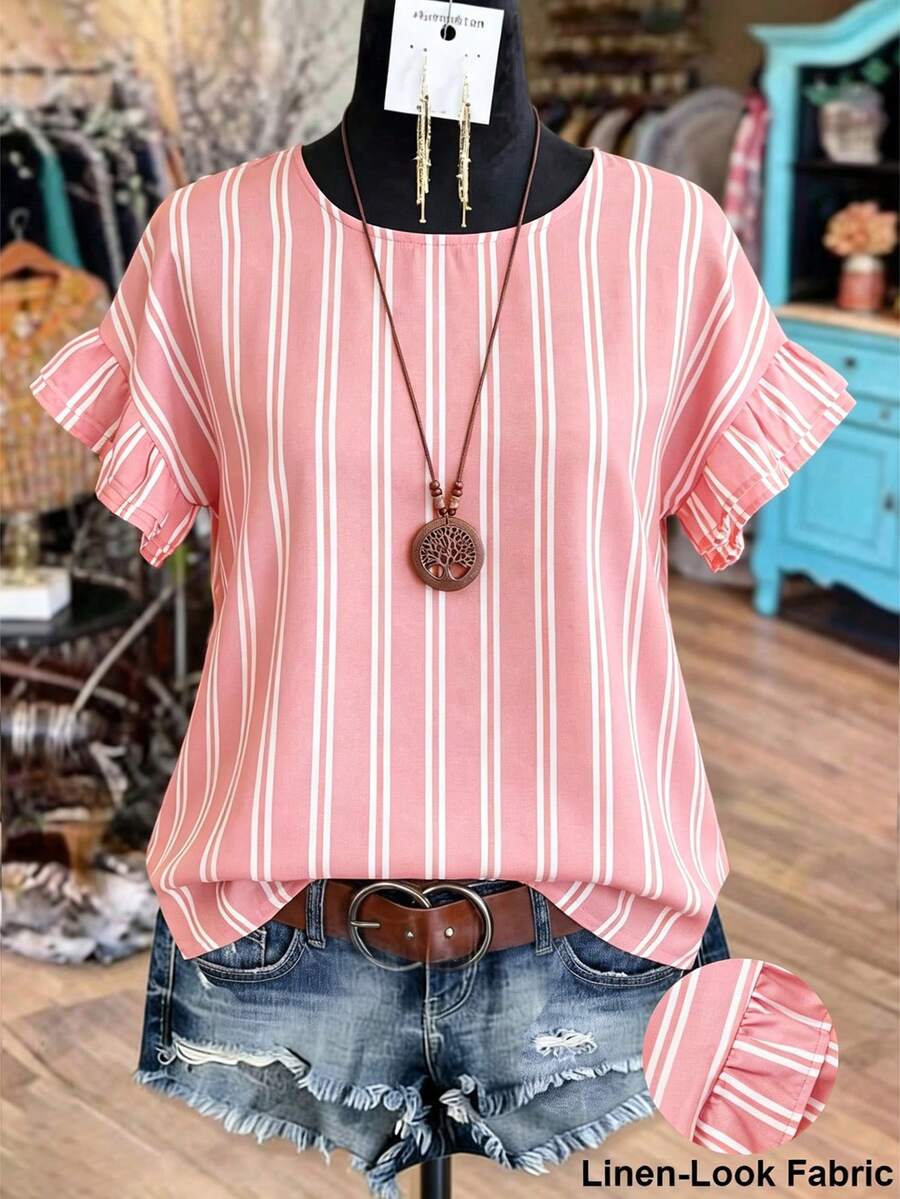 Linhara Women's Summer Striped Round Neck Ruffle Sleeve Retro Casual Blouse, Suitable For Weekend Shopping, Cafe Visits, Commuting To Work, Daily Wear - Pink - View 1