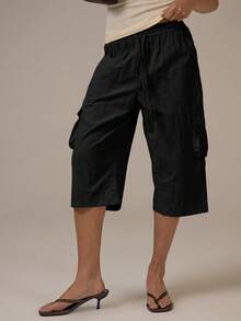 MUSERA Cargo Tie Waist Capri Pants Spring Summer Cute Cosy Cottage Core Spring Dew Casual - Black - View 2
