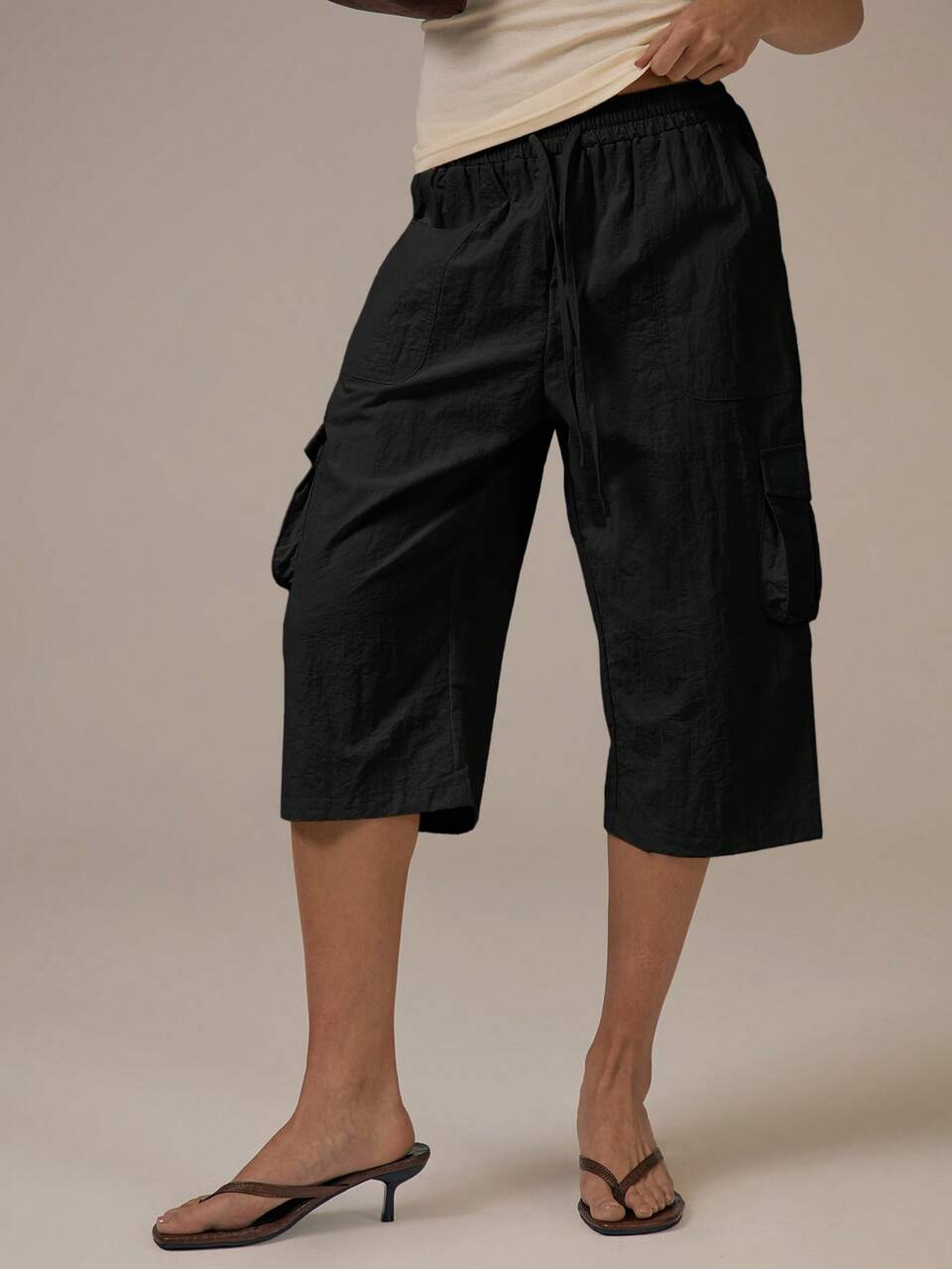 Black Cargo Tie Waist Capri Pants