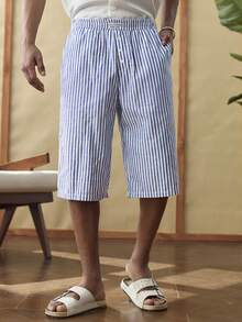 Manfinity Unisex Men's Summer Casual Striped Loose Wide Leg Shorts With Woven Label And Button - Blue - View 2