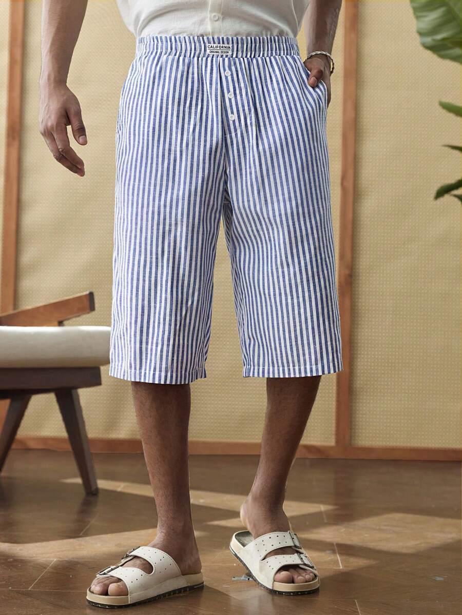 Manfinity Unisex Men's Summer Casual Striped Loose Wide Leg Shorts With Woven Label And Button - Blue - View 1