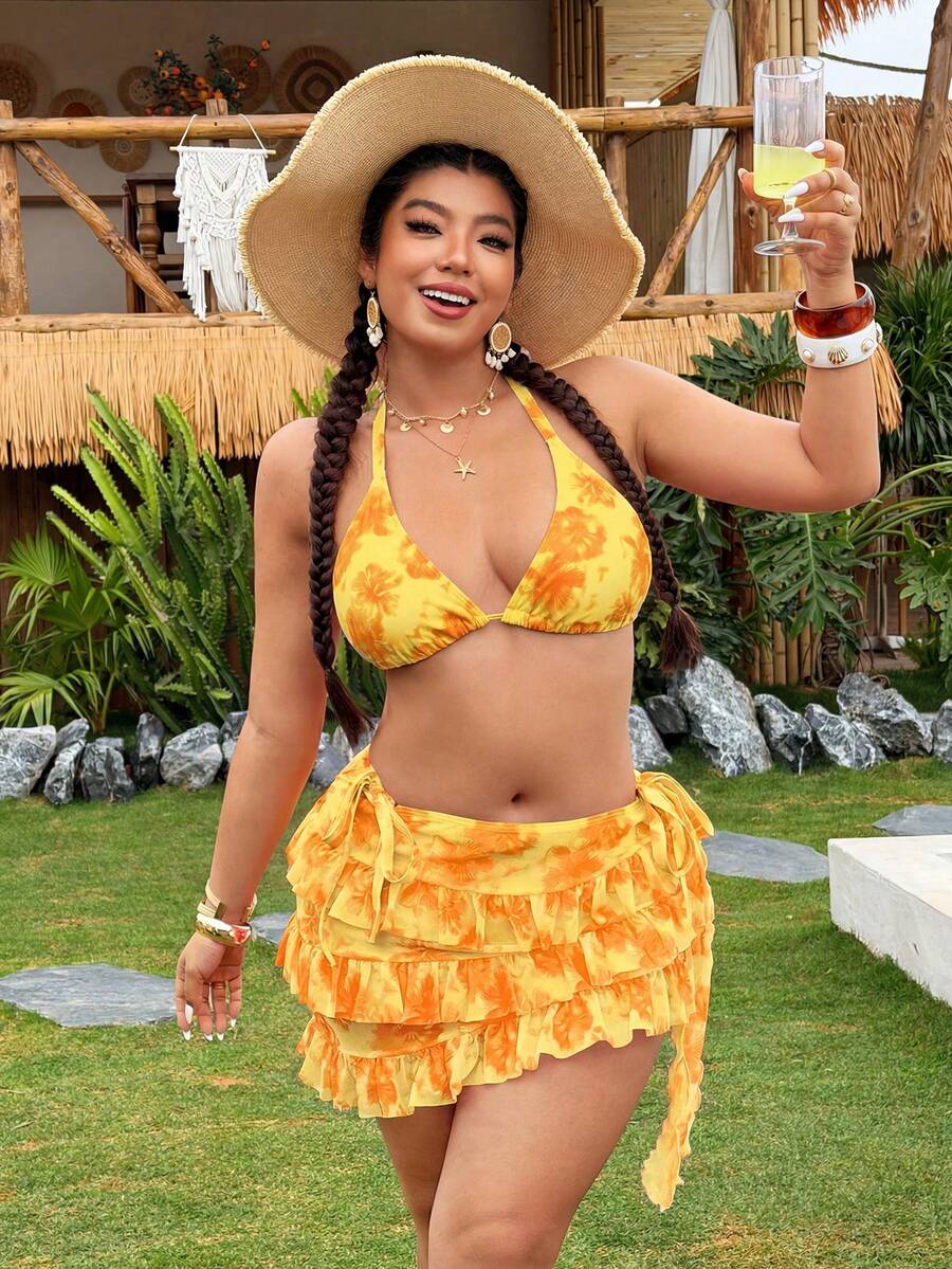Swim Vcay 大尺碼女款夏季海灘度假花卉印花掛脖繫帶性感比基尼套裝附罩裙 黃色 - 黃色 - 查看 1