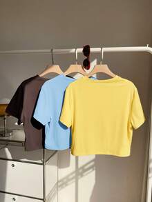 Comfortcana 3pcs/Set Plus Size Basic Crew Neck Short Sleeve Colorful T-Shirts - Multicolor - View 2