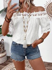 EMERY ROSE 女士纹理面料蕾丝边饰时尚细节衬衫，休闲女式衬衫 - 白色 - 查看 5