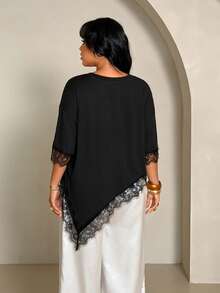 Rustia Plus Size Women Solid Color Lace Patchwork Casual T-Shirt - Black - View 2