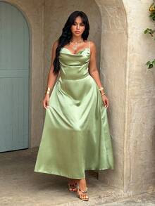 Rustia 休闲优雅法式极简主义垂褶领吊带长裙，A字版型，百搭实用，适合日常、派对、度假等场合，绿色，大码可选 - 綠色 - 查看 6