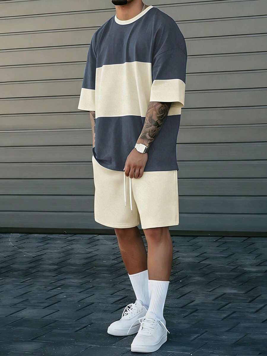 Manfinity Homme Men's Colorblock Casual T-Shirt And Drawstring Waist Shorts Set - Multicolor - View 1