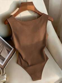 Franclia 女士时尚优雅圆领刺绣串珠无袖连体衣 - 棕色 - 查看 2