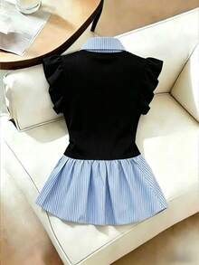 Franclia Áo thun nữ cổ bẻ tay ngắn vạt lệch phối họa tiết, kiểu dáng ôm sát, thanh lịch, phù hợp cho trang phục thường ngày đi làm, dự tiệc và gặp gỡ, thích hợp cho hẹn hò, mua sắm, phối đồ hàng ngày, phù hợp cho làm việc tại nhà. - màu đen - Xem 2