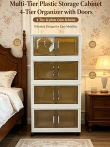1PC 45/60CM Foldable Storage Cabinet, 1-5 Tier Double Door Storage Organizer, Thickened Plastic Wheeled Storage Cabinet, Living Room Toy & Snack Multi-Layer Cabinet, Clothes Storage Cabinet, Home Dust-Proof Shelving, Home Storage Rack, Storage Box, Plastic Container, Oil Bottle, Kitchen Storage Supplies, Cup Rack, 1 Oil Bottle, Spoon Rack, Kitchen Storage Rack - Multicolor - View 3