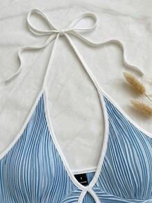 Soleia Women's Holiday Beach Vacation Backless Halter Top And Shorts 2 Pieces Set Blue And White Striped Summer - Blue - View 3