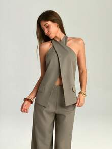 Firerie 女士优雅休闲通勤亚麻西装外套和阔腿裤两件套 / 不规则交叉衬衫上衣和宽松直筒裤套装，优雅套装，教师装 / 女士棕灰色亚麻修身腰部交叉衬衫裤两件套 / 女士两件套，适合妇女节 / 返校季 / 商务休闲女装 / 复古风女装 / 办公室着装 / 套装 / 女士社交西装外套 / 修身露背上衣 / 女士优雅休闲两件套 - 卡其色 - 查看 3