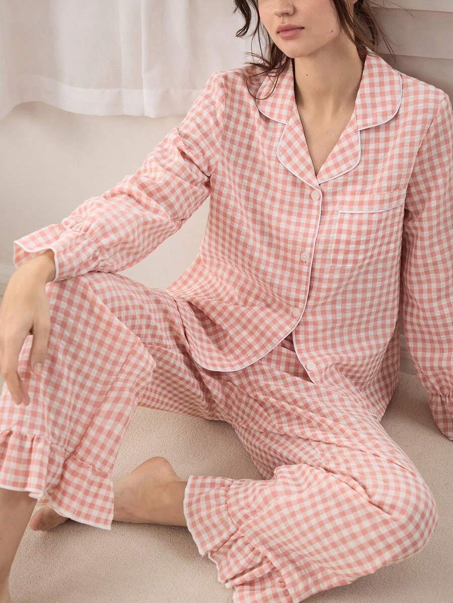 Ocili 波西米亚风印花棉质灯笼袖上衣和裤子女士睡衣套装，秋冬服装 - 粉色 - 查看 1